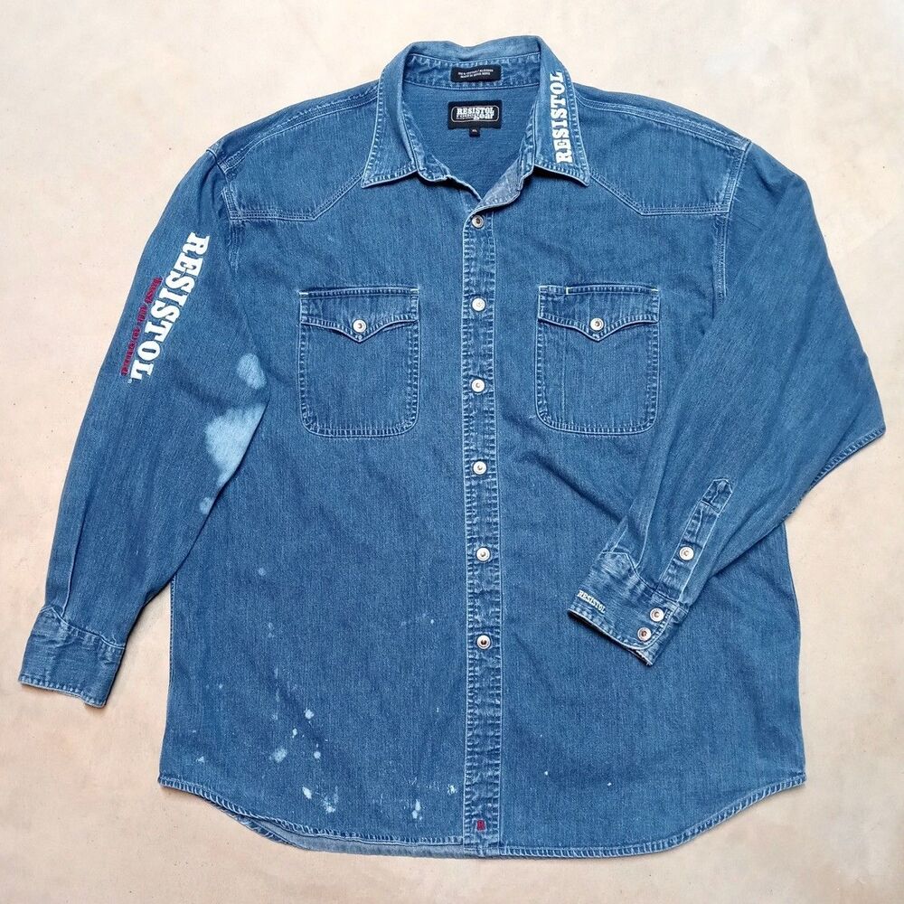 Vintage Resistol Rodeo Gear Denim Shirt Size XL Western Cowboy Embroidered